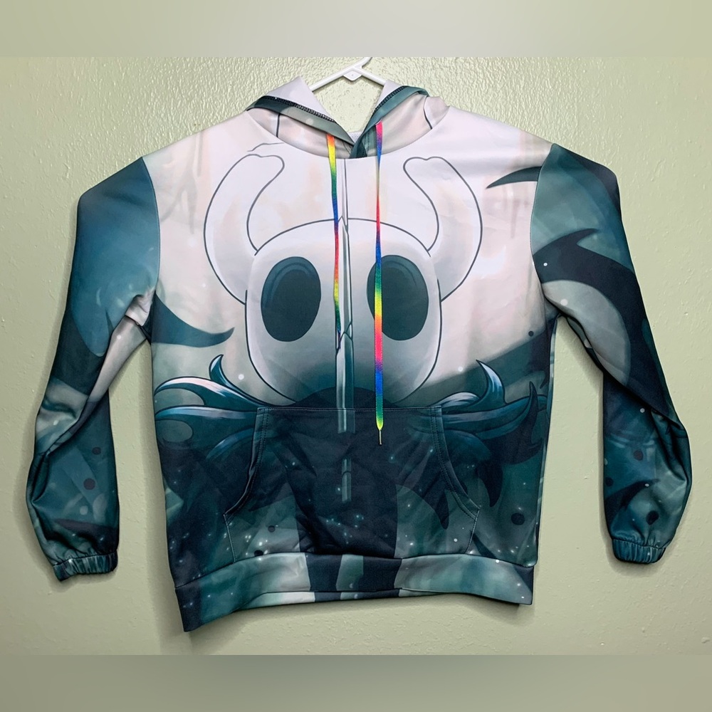 Hollow Knight Mens Large Aqua Green White Drawstring Pullover Gaming Hoodie